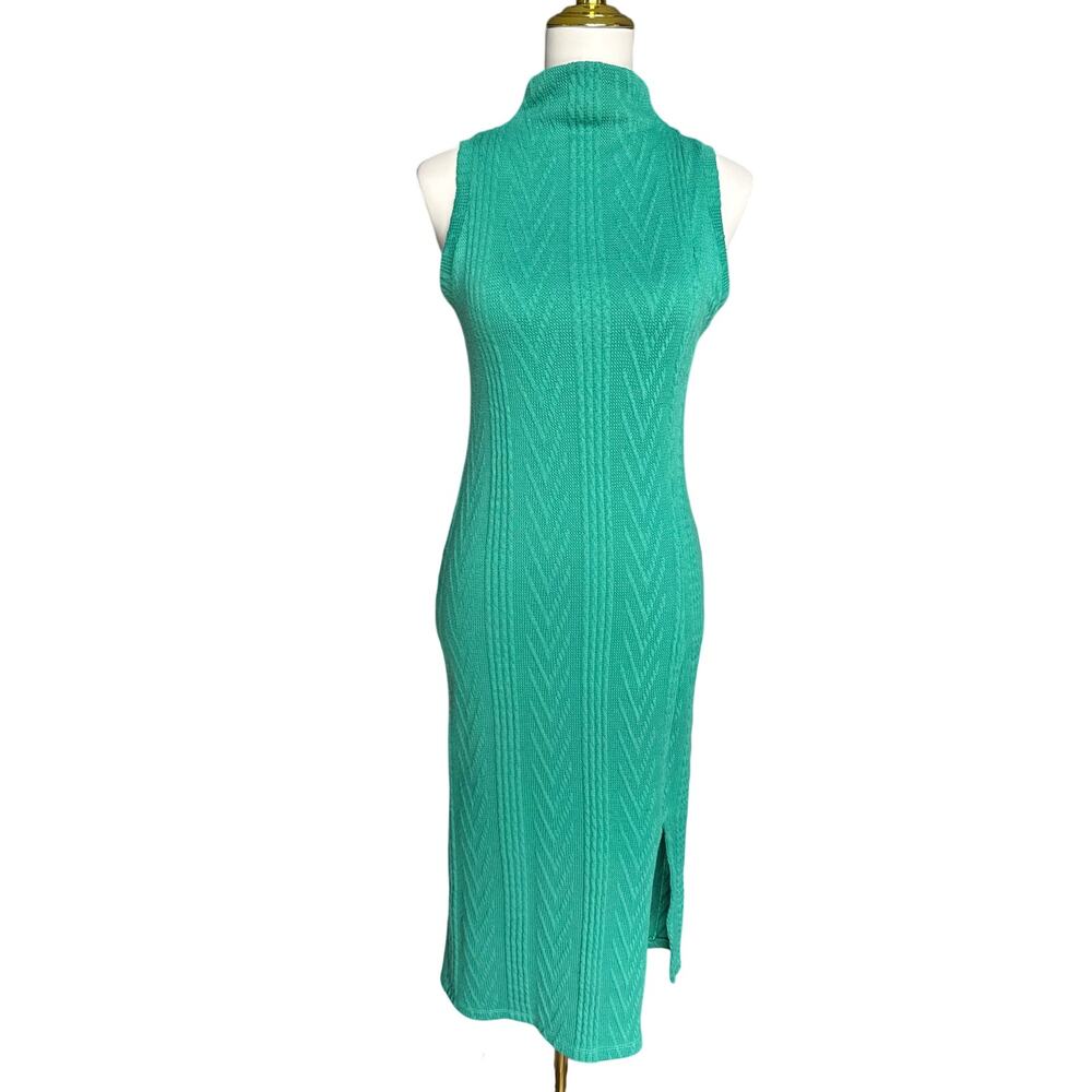 Treluna Green Sleeveless Mock Neck Knit Midi Dress Side Slit Size Medium